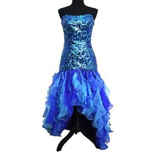 Vienna Blue Strapless Dress Sequin Chiffon Tiered Ruffled Bottom Hi Low Gown 6